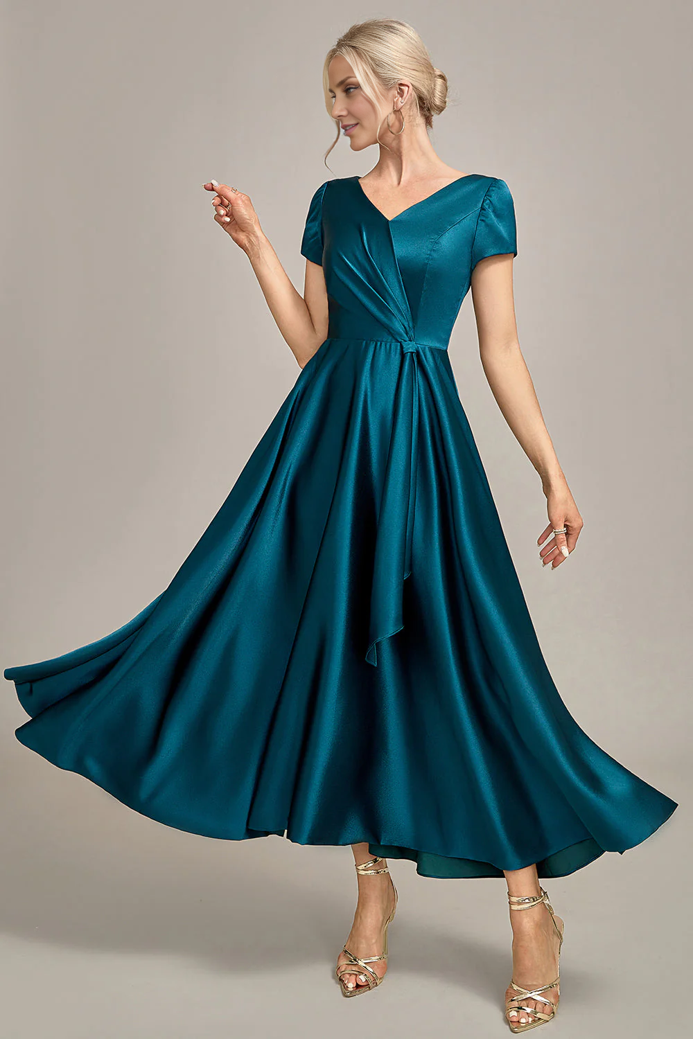 OKBBN satin V-neck A-line pleated bridal mother gown
