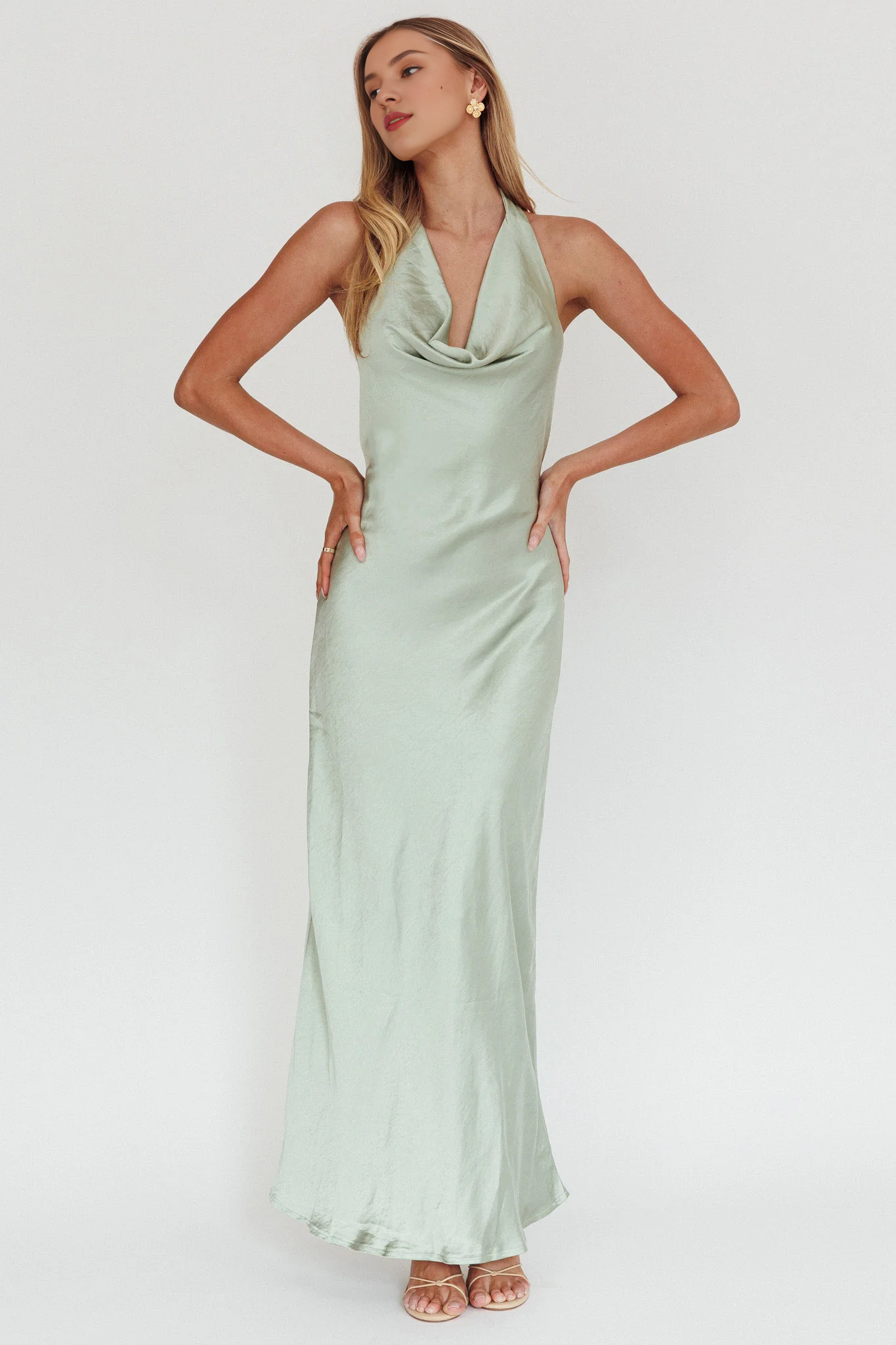 Gorgeous scarf style backless satin back zipper bridesmaid dress