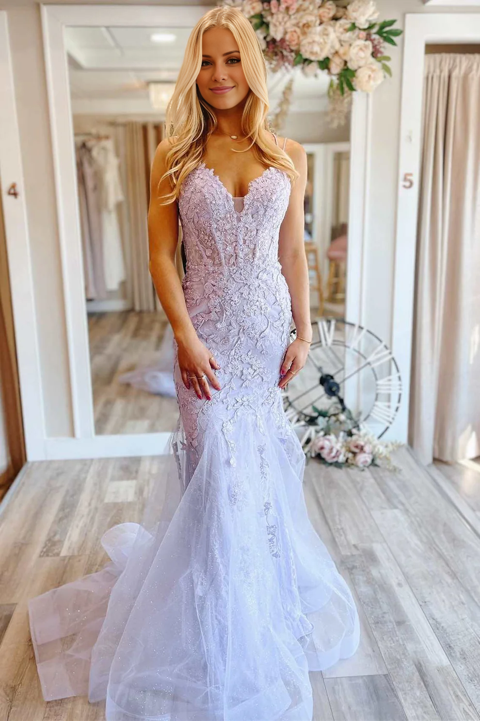 OKBBN Mermaid V-neck Lace Sparkling Chiffon Ball Dress