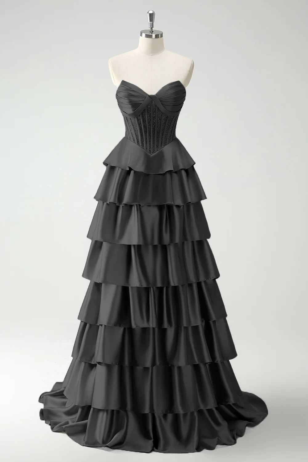 OKBBN satin layered corset long slit evening gown
