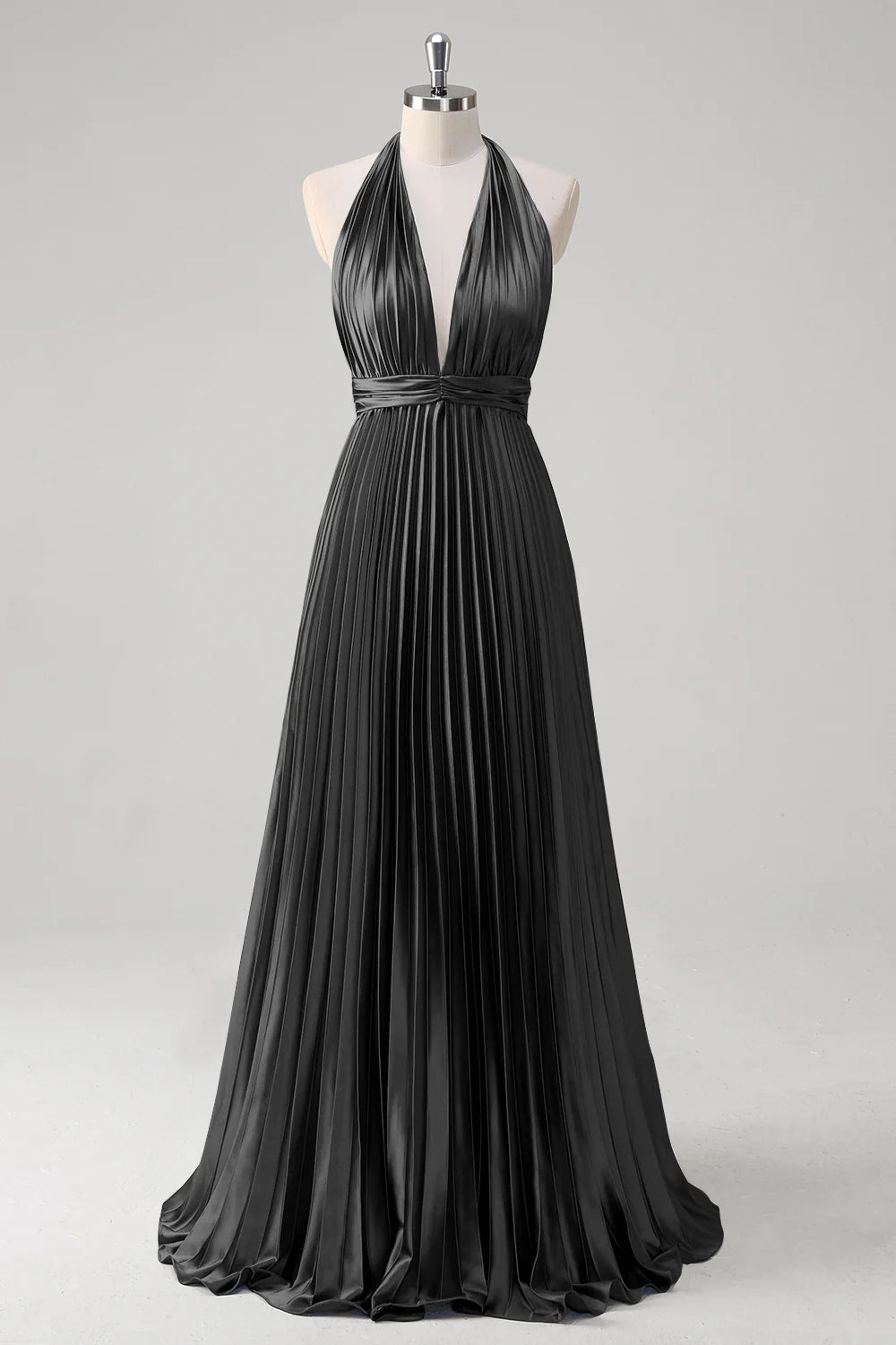 OKBBN satin A-line hanging neck pleated backless long evening gown
