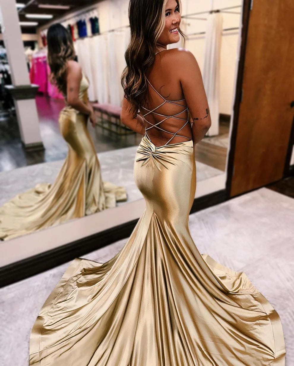OKBBN Elegant Long Mermaid V-neck Bareback Ball Dress