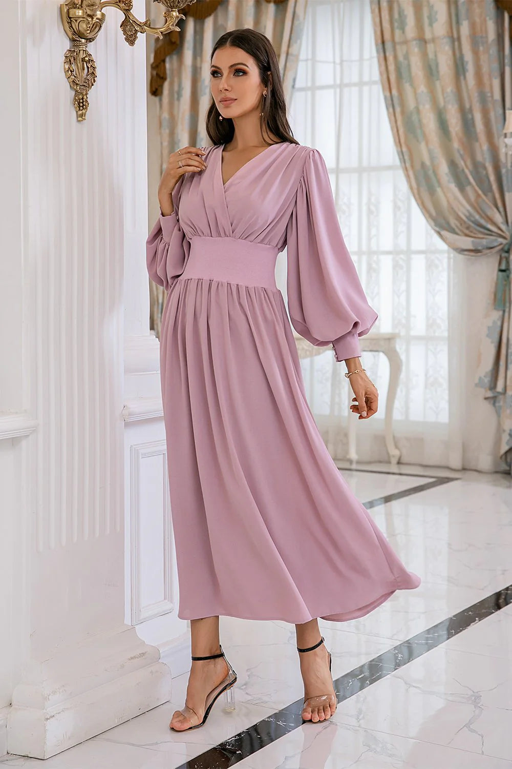 OKBBN Unique Design Long Sleeve V-neck Bridal Mother Dress