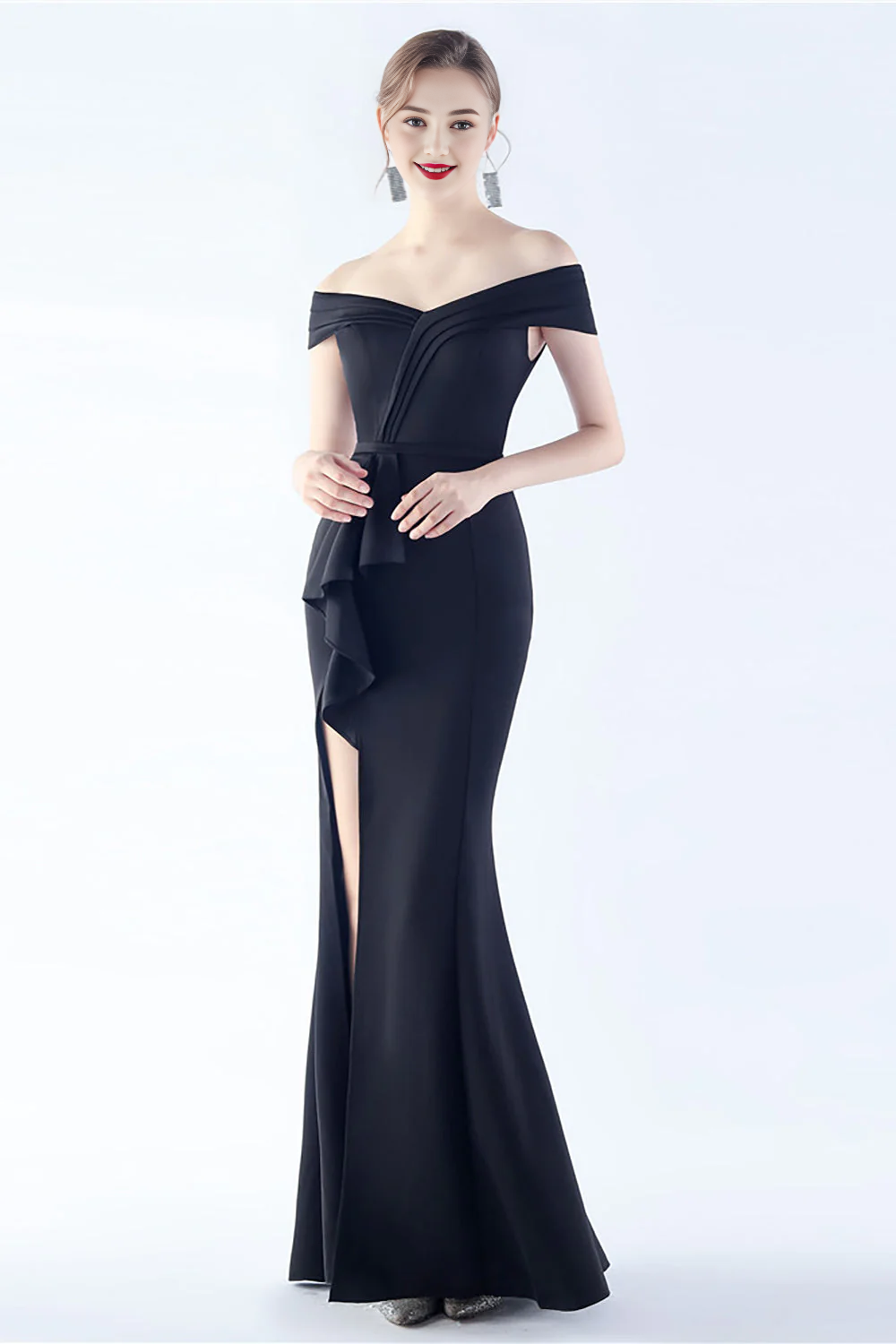 OKBBN off shoulder mermaid crepe slit evening gown
