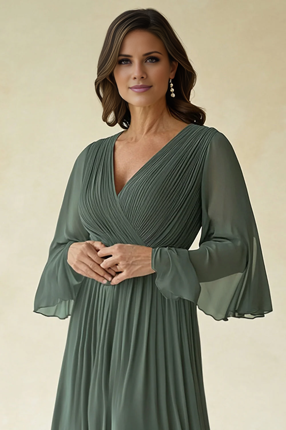 OKBBN Chiffon Folded Trumpet Sleeves V-neck Bridal Mother Dress