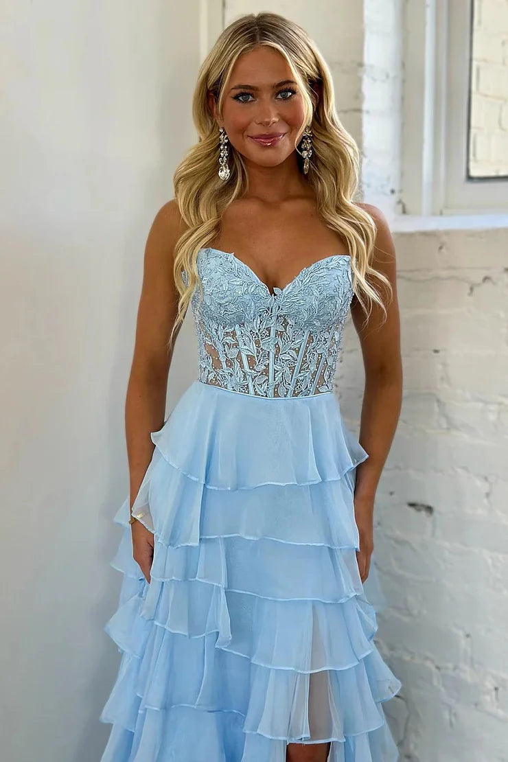 OKBBN Cute A-line Off Shoulder Ruffle Layered Chiffon Long Ball Dress