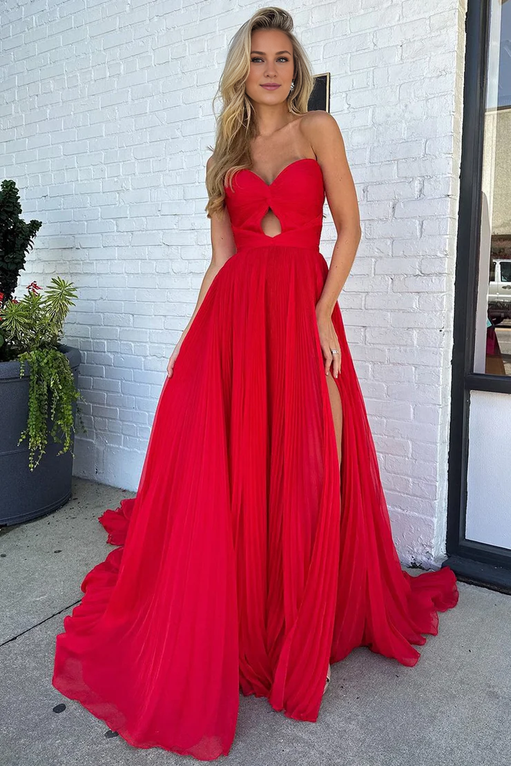 OKBBN A-line sweetheart pleated chiffon slit long ball dress