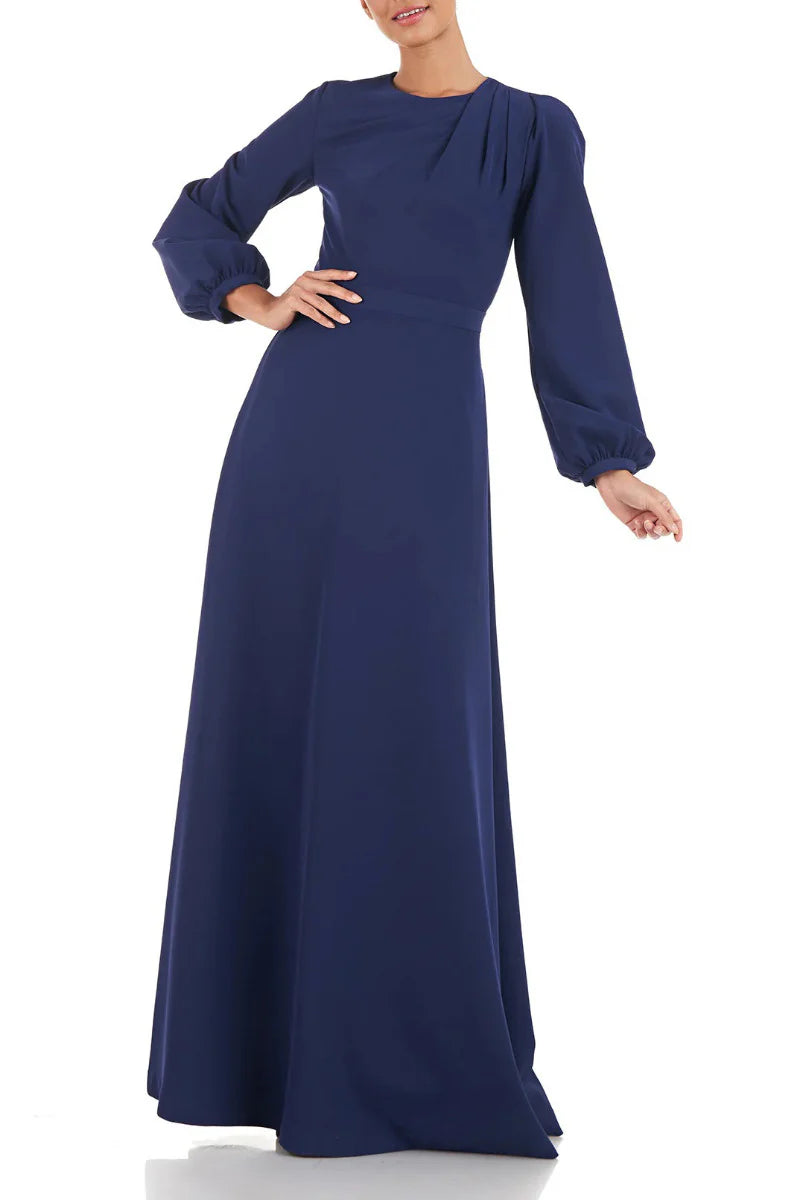 Kay Unger Crew Neck Long Sleeve Zipper Neck A-Line Stretch Crepe Dress