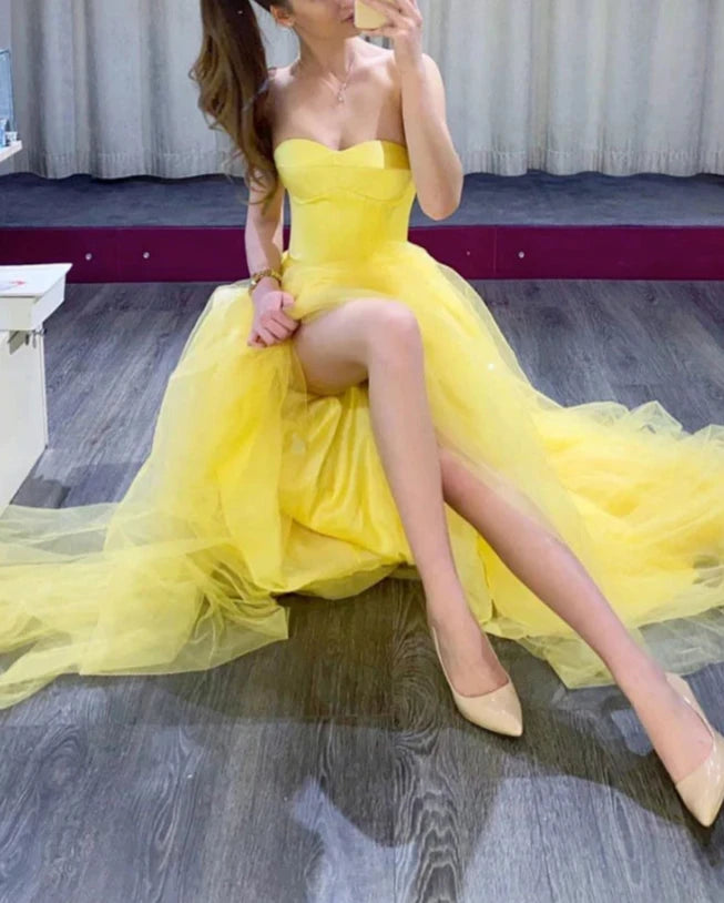 Yellow tulle long prom dress simple yellow formal prom dress
