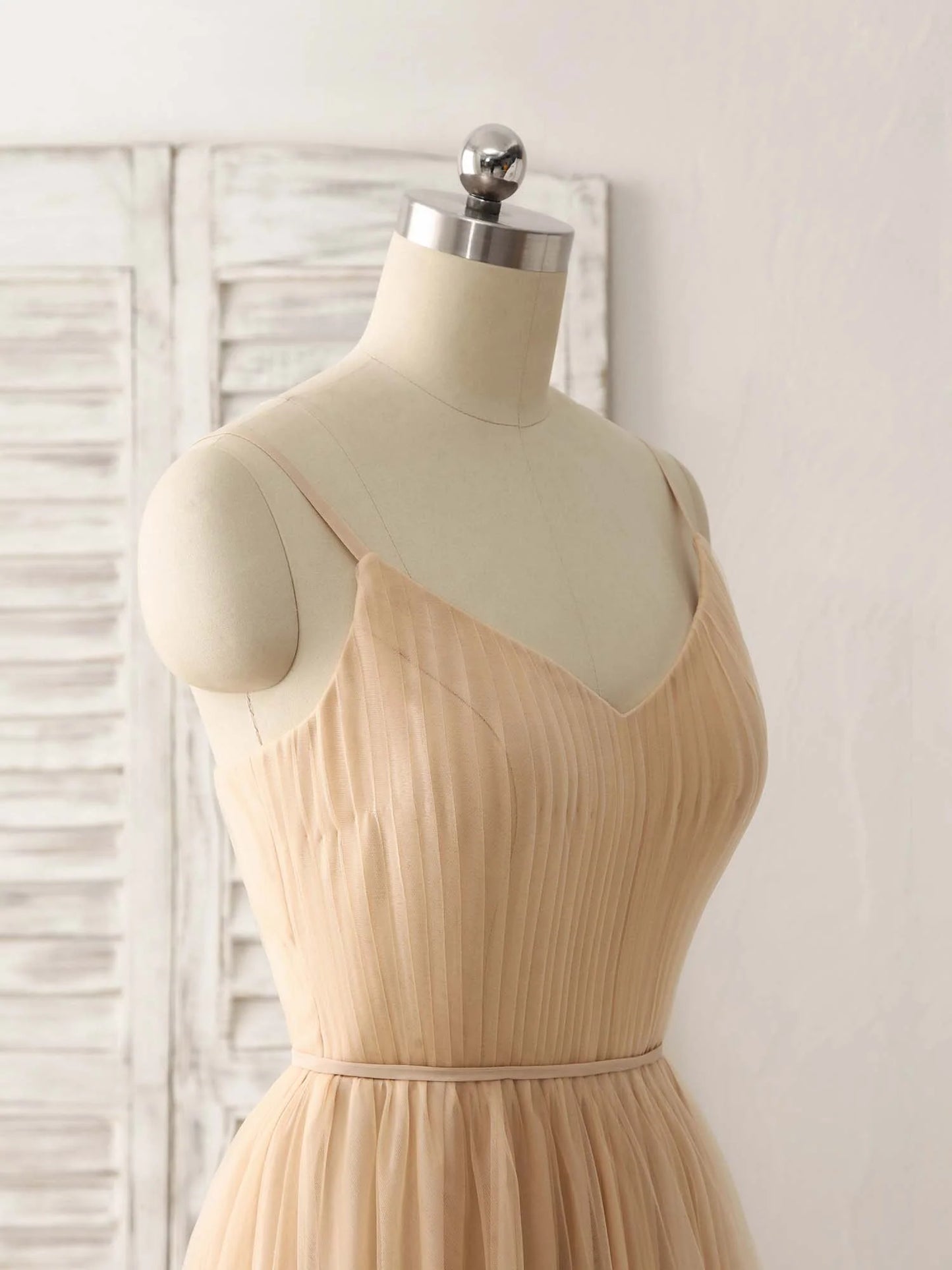 V Neck Tulle Chiffon Long Prom Dress Champagne Bridesmaid Dress