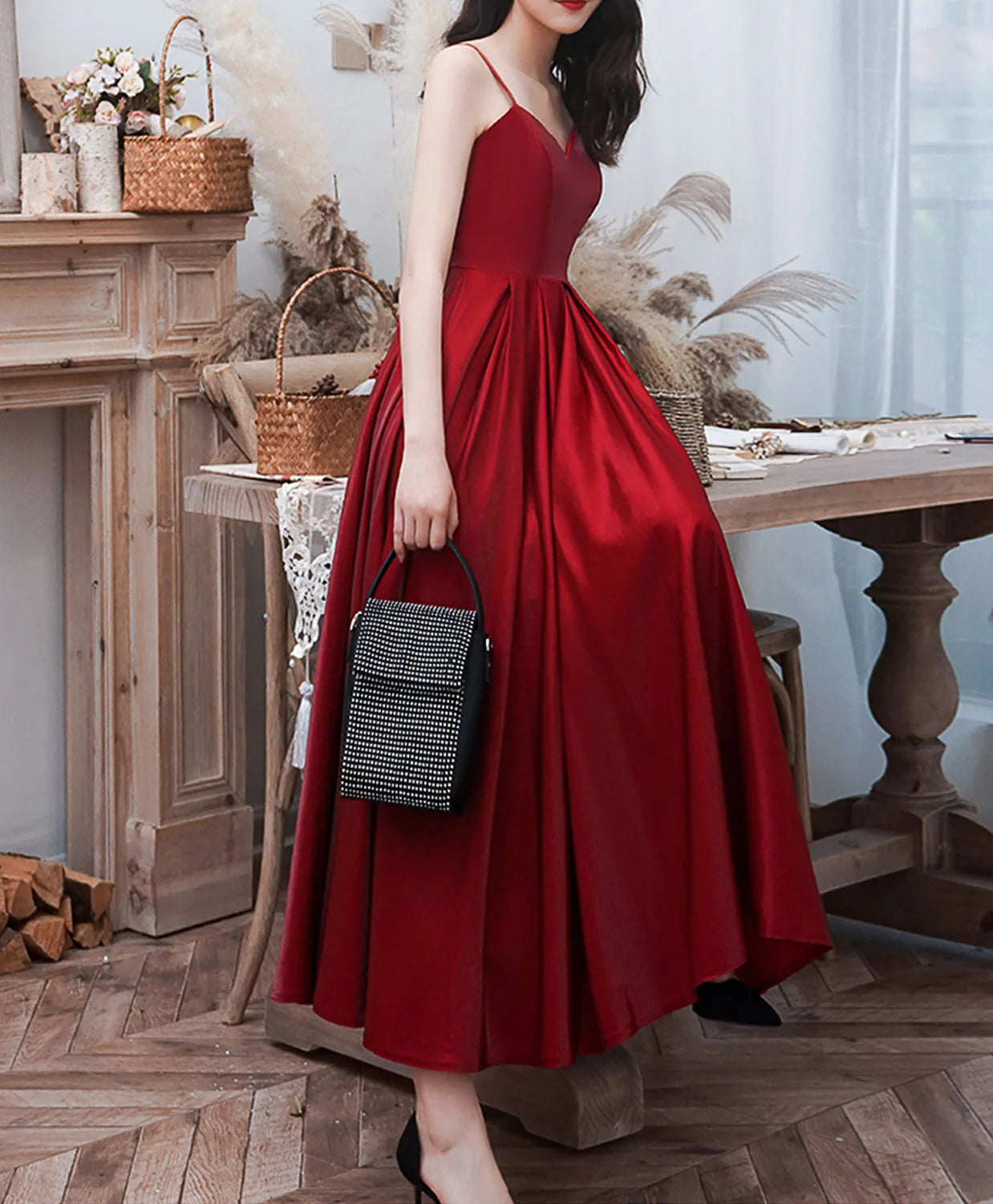 A-Line Satin Burgundy Prom Dress Burgundy Tea Length Evening Dress
