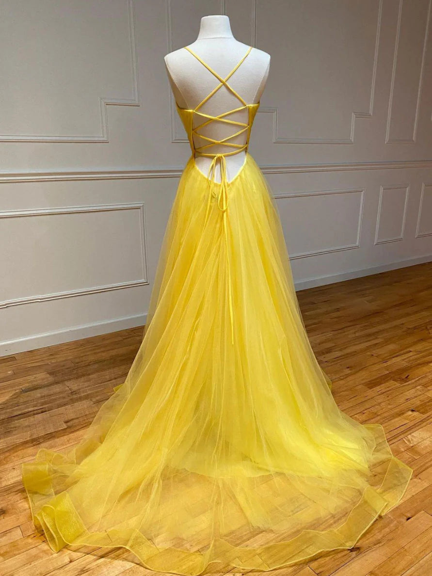 Yellow sweetheart tulle long prom dress yellow prom dress
