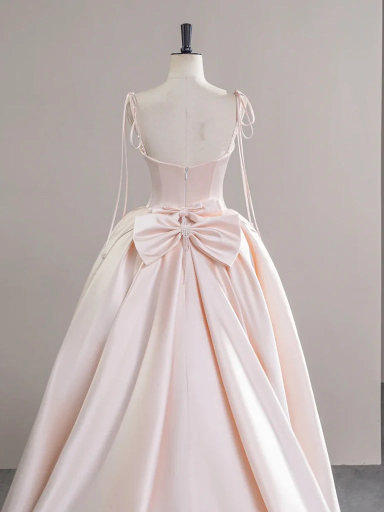 A-Line Satin Champagne Pink Long Prom Dress Champagne Pink Formal Dress
