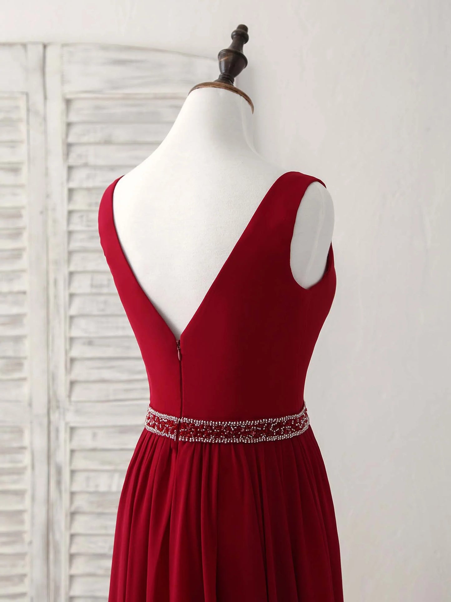 V Neck Beads Long Prom Dress Burgundy Evening Dress