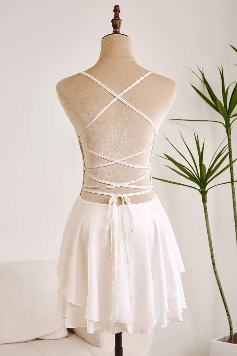 A Line Spaghetti Straps Backless Satin Swing White Short Graduation Dress