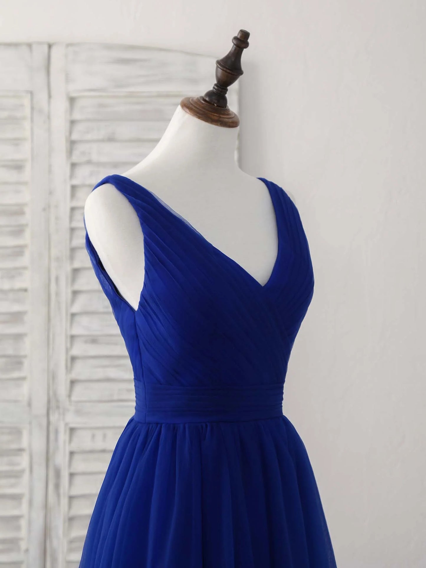 V Neck Royal Blue Tulle Long Prom Dress Blue Evening Dress