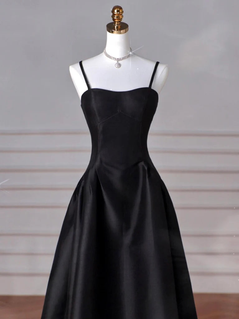 A-Line Sweetheart Neck Satin Black Long Prom Dress Black Long Prom Dress