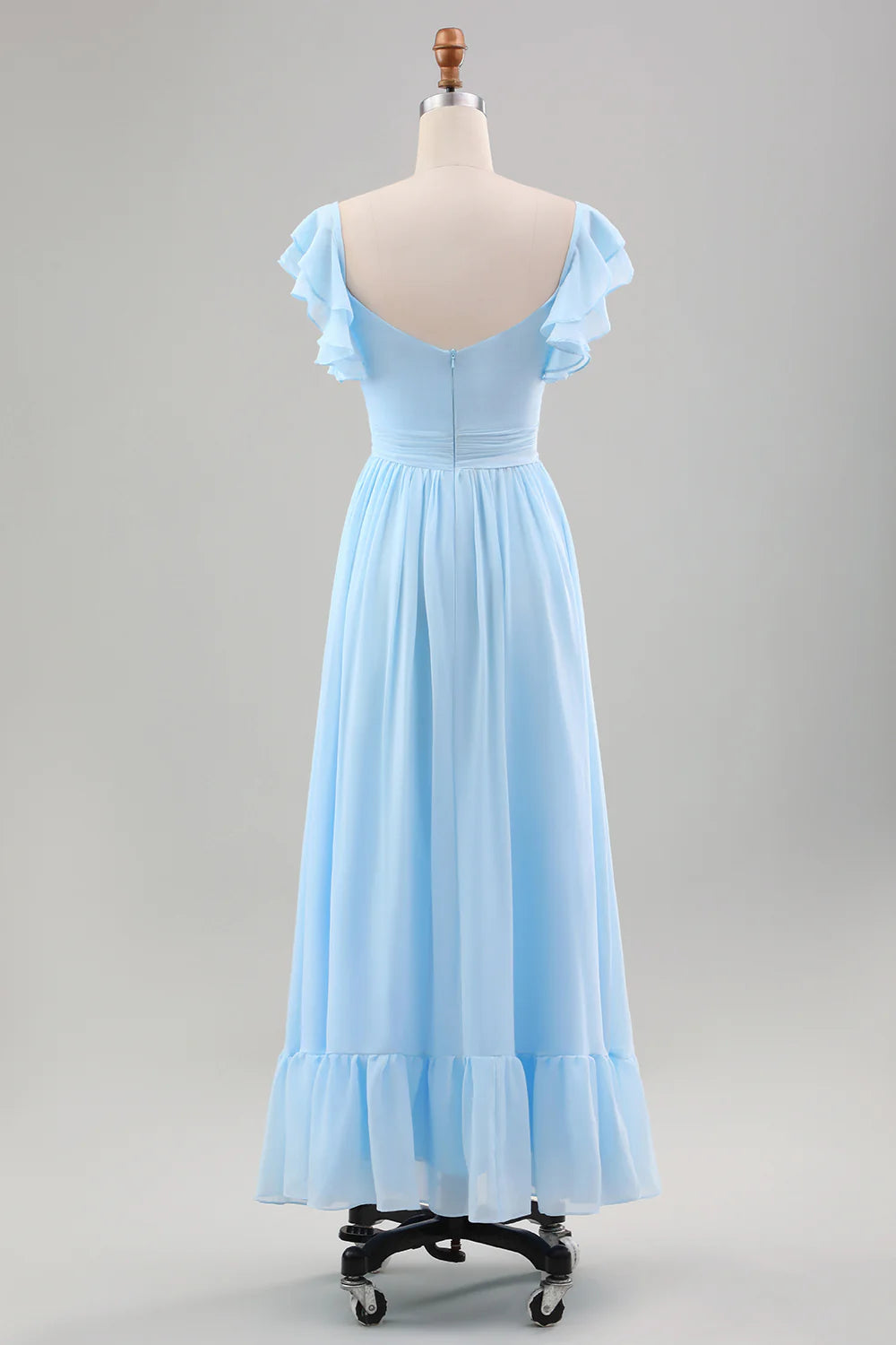 A Line Chiffon Pleated Tea-Length Dress with Ruffle Sleeves