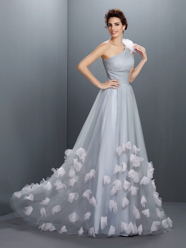 Princess Elegant One Shoulder Handmade Flower Sleeveless Long Mesh Dress