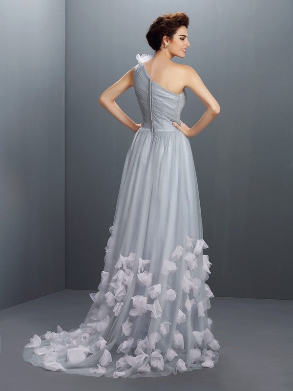 Princess Elegant One Shoulder Handmade Flower Sleeveless Long Mesh Dress