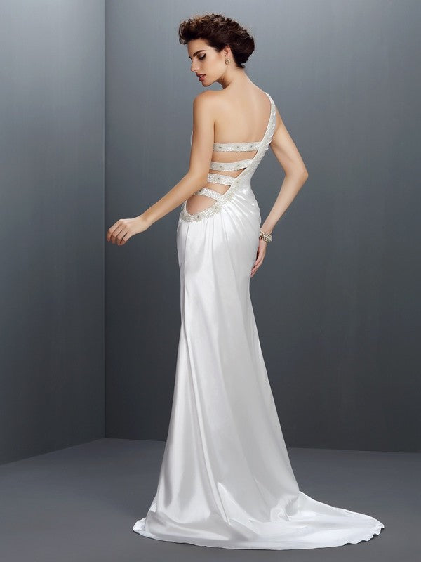 Mermaid sexy single shoulder beaded sleeveless elastic woven satin long skirt