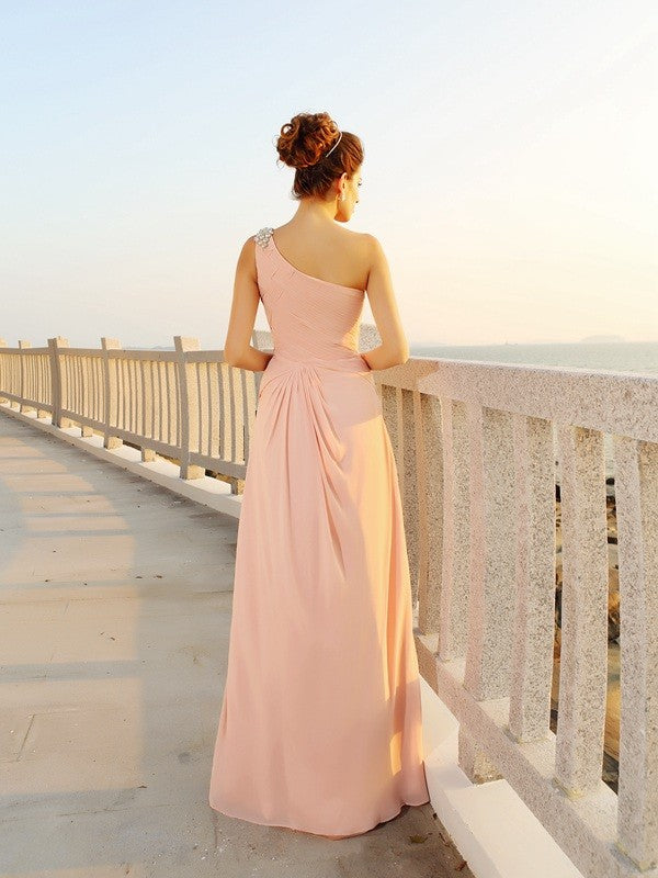 A-line Sweet Princess One Shoulder Beaded Sleeveless Long Chiffon Dress