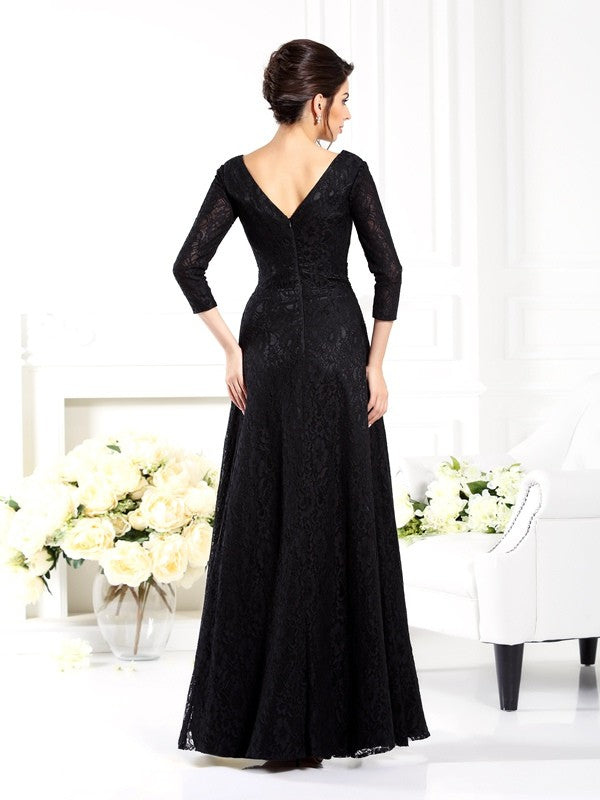 A-line Princess V-neck Beaded 3/4 Sleeve Satin Long Bride Mom Dress