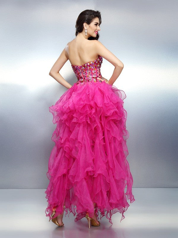 A-line stunning princess heart-shaped rhinestone sleeveless high and low organ gauze cocktail dress
