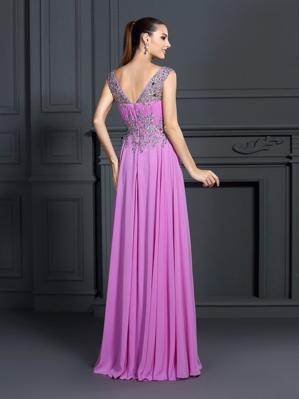 A-line Sweet Princess Sexy Strap Beaded Sleeveless Long Chiffon Dress