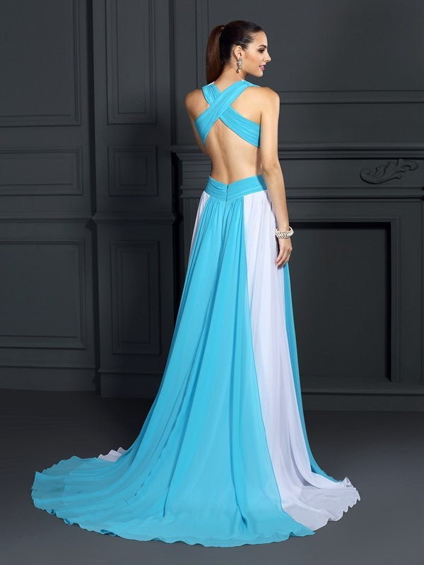 Elegant A-line Princess Dress with Ruffle Edge Sleeveless Long Chiffon Dress