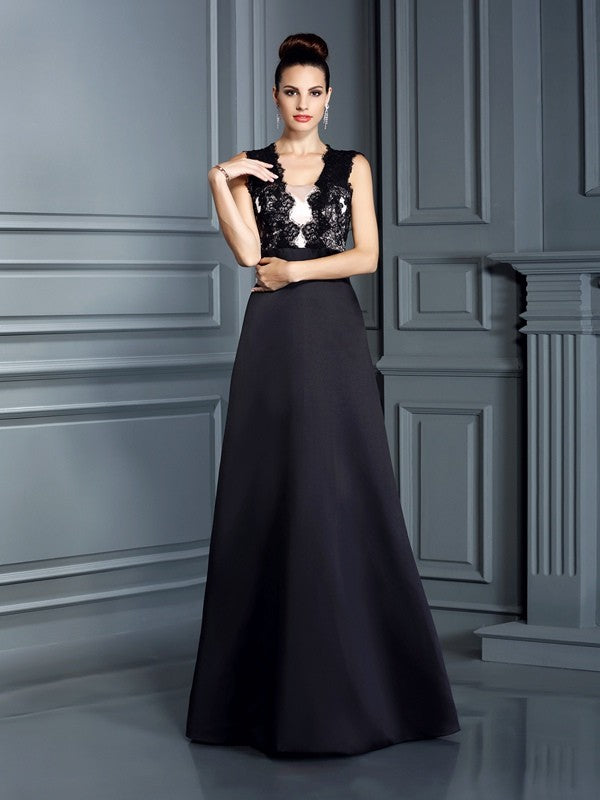 High end princess strap lace sleeveless long satin dress