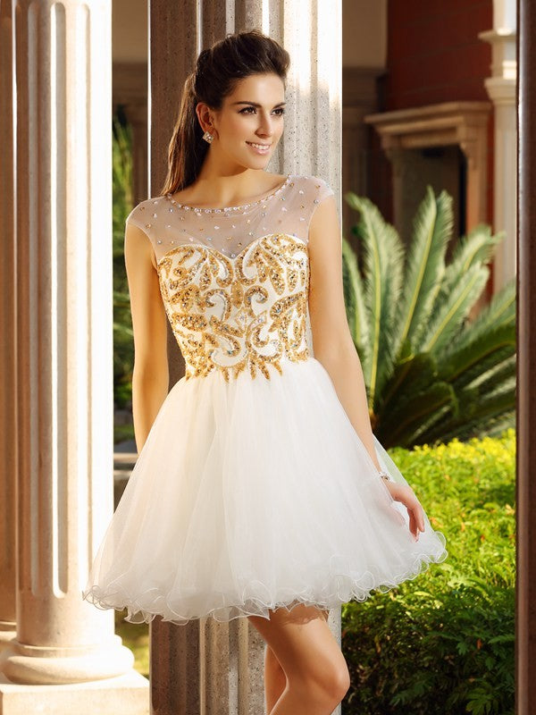 A-line Princess Dress Ruffle Edge Sleeveless Short Net Cocktail Party Dress