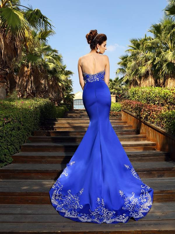 Small slim fit mermaid sweetheart beaded sleeveless long satin dress