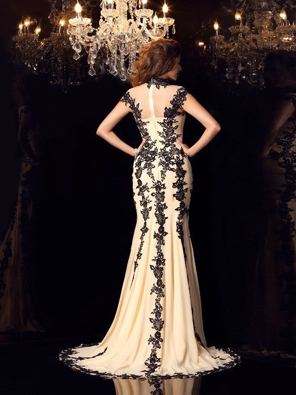 Elegant Mermaid High Neck Applique Sleeveless Long Chiffon Dress