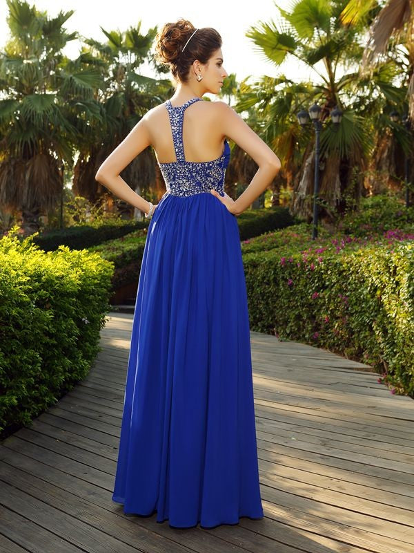 Sexy Princess Strap Beaded Sleeveless Long Chiffon Party Dress
