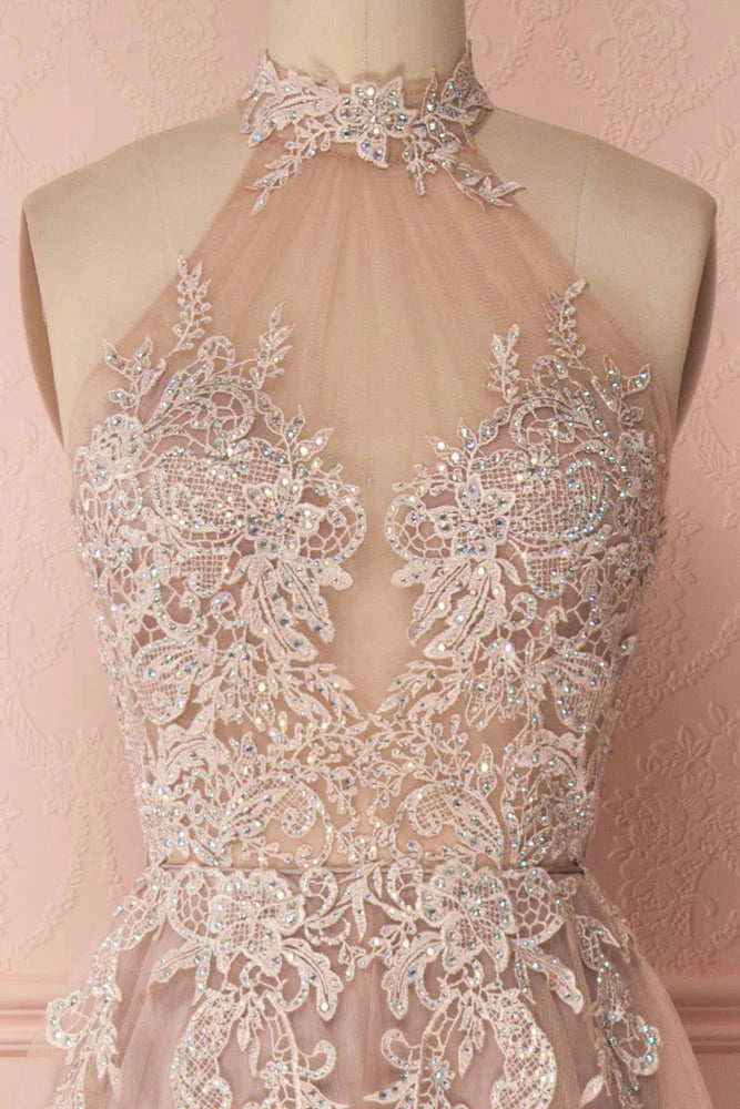 Unique lace applique tulle long prom dress tulle prom dress