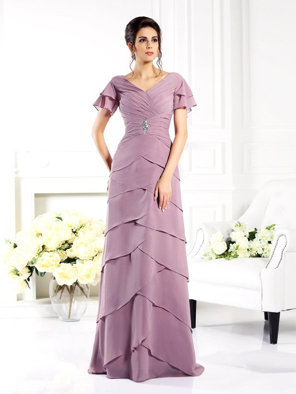 Slim fit pillar V-neck short sleeved long chiffon bridal mother dress