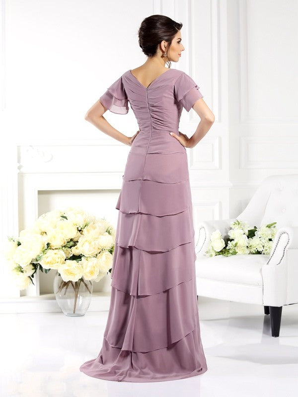 Slim fit pillar V-neck short sleeved long chiffon bridal mother dress