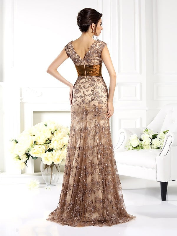 Elegant Princess Style V-neck Ruffle Edge Sleeveless Long Lace Bride Mom Party Dress