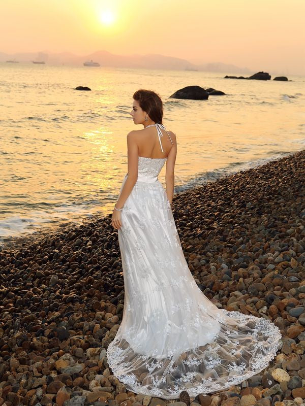 A-line elegant princess suspender/ribbon/belt sleeveless lace beach wedding dress