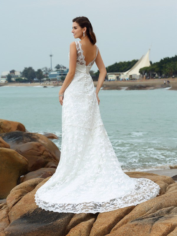 A-line Elegant Princess Strap Applique Sleeveless Satin Beach Wedding Dress
