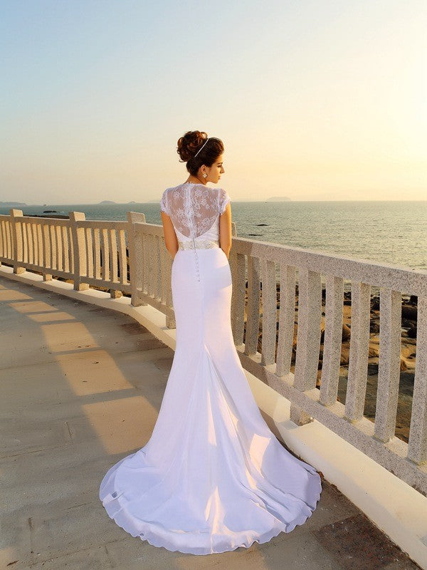 Cylindrical V-neck beaded sleeveless long chiffon beach wedding dress