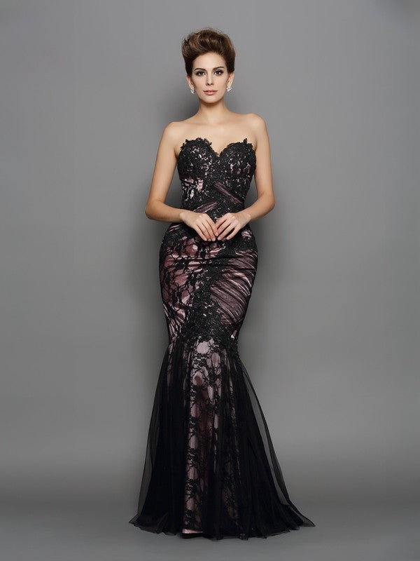 Slim Fit Mermaid Sweetheart Applique Sleeveless Elastic Woven Satin Long Dress
