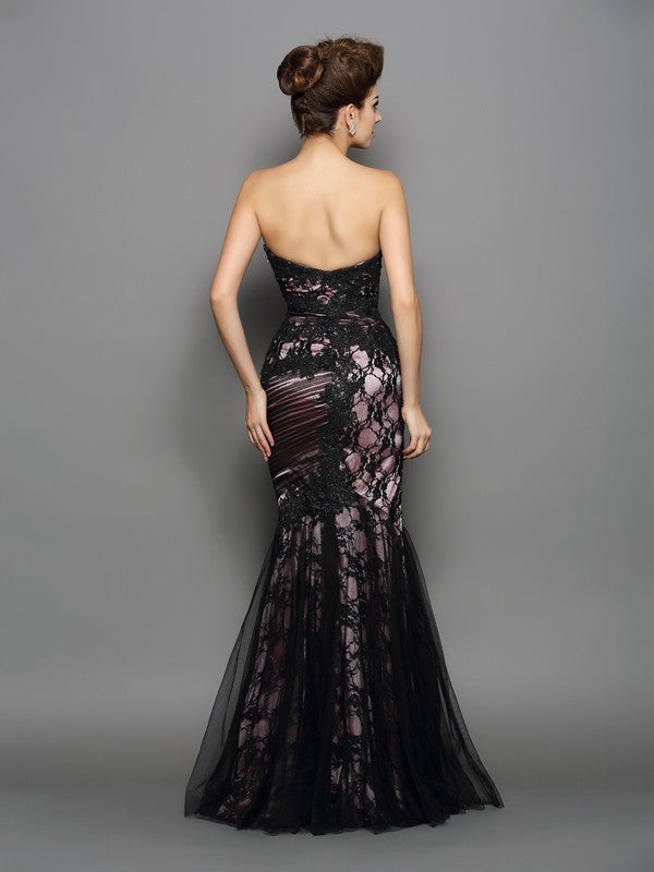 Slim Fit Mermaid Sweetheart Applique Sleeveless Elastic Woven Satin Long Dress