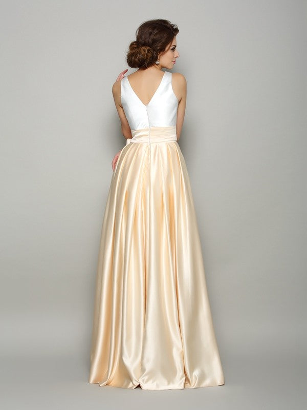 A-line Princess Style V-neck Bow Sleeveless Long Satin Bride Mom Dress