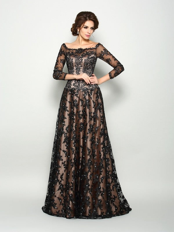 A-line Princess Style Off Shoulder Lace 3/4 Sleeve Length Satin Bride Mother Dress