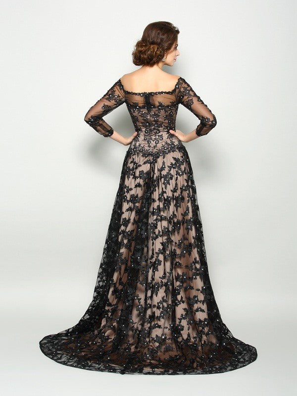 A-line Princess Style Off Shoulder Lace 3/4 Sleeve Length Satin Bride Mother Dress