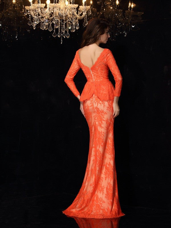 Elegant cylindrical V-neck bow long sleeved lace dress