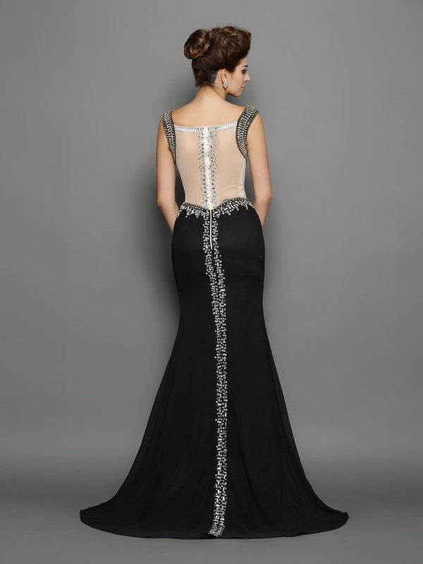 Small slim fit mermaid square beaded sleeveless long chiffon dress