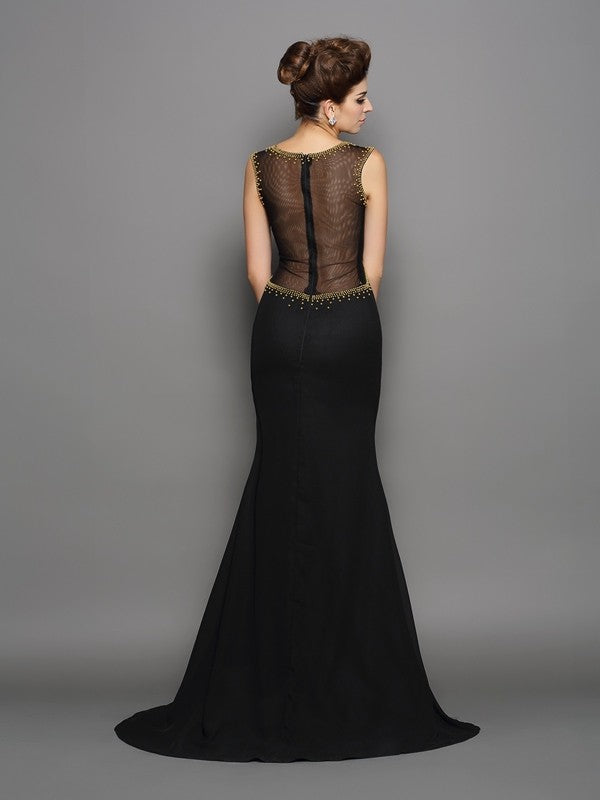 Elegant sheath beaded sleeveless long chiffon dress